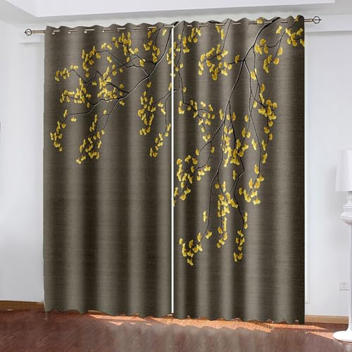 Dsnyu Gardinen Vorhang, Gardine Modern Gold Dunkelgrau Polyester Zweig und Blattmuster Dekoration 2er Set B 86 x H 138 cm von Dsnyu