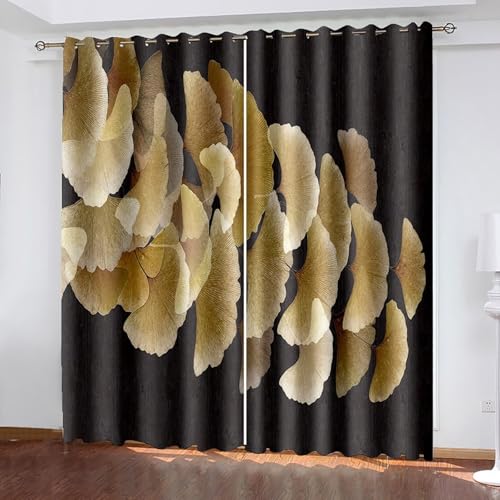 Dsnyu Gardinen Wohnzimmer 160, Vorhang Verdunkelung Gold Dunkelgrau Polyester Ginkgoblatt-Muster Dekoration 2er Set B 86 x H 160 cm von Dsnyu