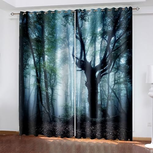 Dsnyu Gardinen Wohnzimmer Elegant, Gardinen Fenster Schwarz Grün Weiß Polyester Psychedelische Bäume Vorhang 2er Set B 86 x H 183 cm von Dsnyu