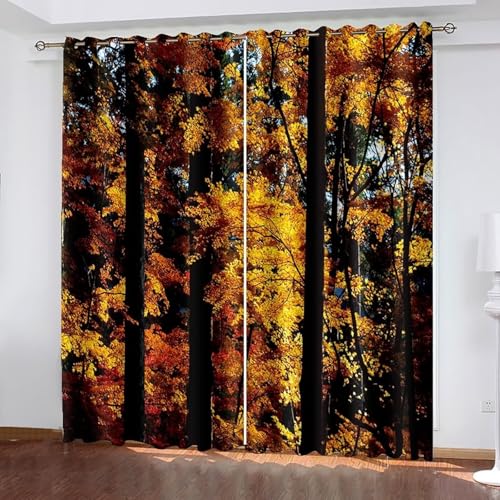 Dsnyu Gardinen Wohnzimmer Fenster, Gardinen Vorhang Schwarz Gelb Polyester Herbstwaldlandschaft Dekoration 2er Set B 86 x H 115 cm von Dsnyu
