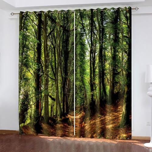 Dsnyu Gardinen Wohnzimmer Fenster, Vorhänge Elegant Grün Polyester Bäume Landschaft Dekoration 2er Set B 102 x H 183 cm von Dsnyu