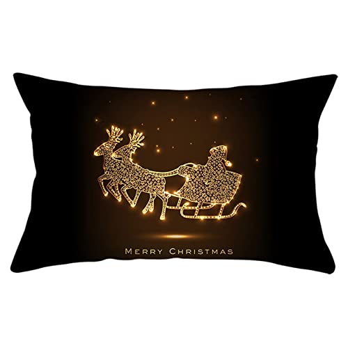 Dsnyu Kissenbezug Deko Weihnachten, Merry Christmas Weihnachtsmann, Einen Pferdeschlitten Reitet Kissenhülle Polyester, Schwarz Gold Kissenbezug Weihnachten für Schlafzimmer Balkon 30x50cm von Dsnyu