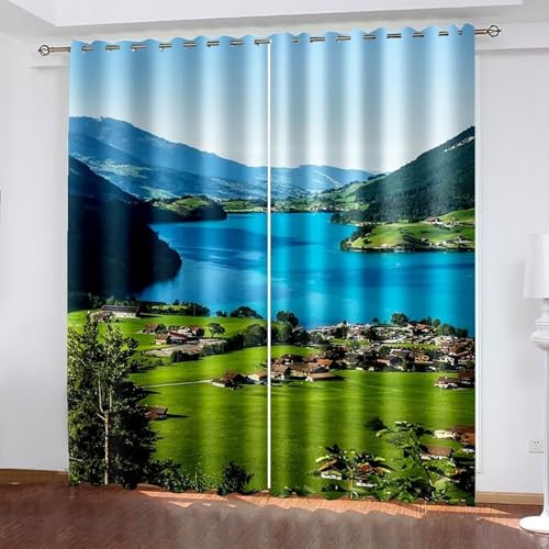 Dsnyu Küchenvorhang Fenster, Gardinen Landhausstil Blau Grün Polyester Landschaft Berg und See Dorf Dekoration 2er Set B 214 x H 183 cm Dsnyu Küchenvorhang Fenster, Gardinen Landhausstil Blau Grün Polyester Landschaft Berg und See Dorf Dekoration 2er Set B 214 x H 183 cm von Dsnyu