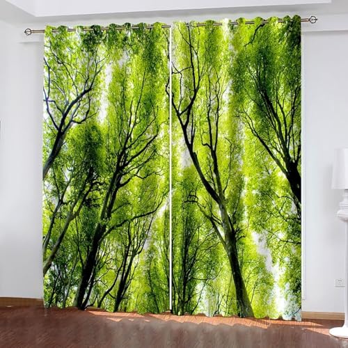 Dsnyu Küchenvorhang Fenster, Gardinen Vintage Grün Polyester Bäume Landschaft Dekoration 2er Set B 234 x H 229 cm von Dsnyu