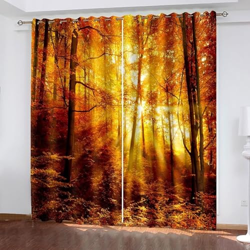 Dsnyu Küchenvorhang Fenster, Vorhang Verdunkelung Orange Polyester Bäume und Sonnenschein Landschaft Vorhänge 2er Set B 137 x H 274 cm von Dsnyu