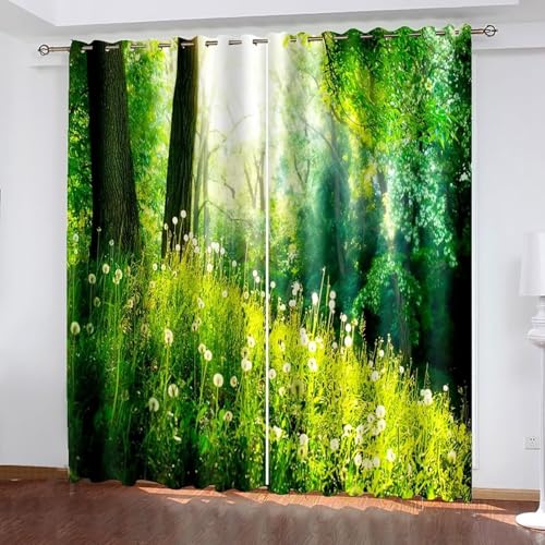 Dsnyu Küchenvorhang Vintage, Küchenvorhang Grün Polyester Bäume und Löwenzahnlandschaft Gardine 2er Set B 214 x H 274 cm von Dsnyu
