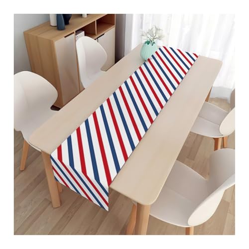 Dsnyu Leinen Tischläufer, Tischdecke Läufer Hochzeit Blau Rot Weiß Streifen Muster Läufer Tisch Deko für Küche Wohnzimmer Esszimmer 33x180cm von Dsnyu