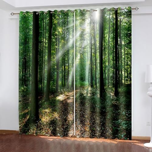 Dsnyu Moderne Gardinen Fenster, Gardinen Grün Polyester Bäume und Sonnenschein Landschaft Dekoration 2er Set B 86 x H 115 cm von Dsnyu