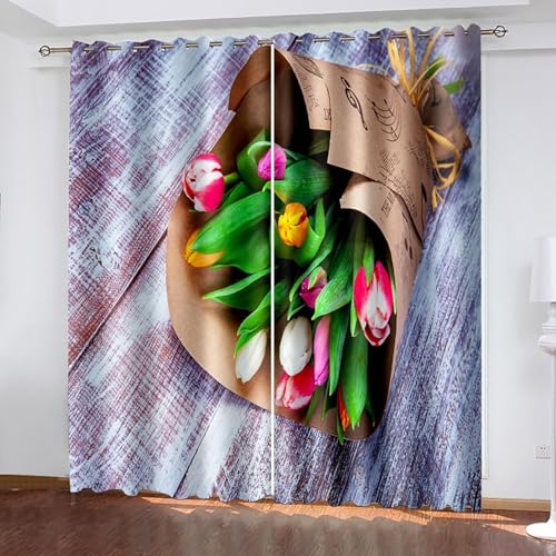 Dsnyu Moderne Gardinen Küchenfenster, Gardine Vorhang Grau Rosa Grün Polyester Holzbrett und Blumenmuster Dekoration 2er Set B 96 x H 229 cm von Dsnyu