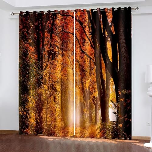 Dsnyu Moderne Gardinen Küchenfenster, Gardinenstoff Fenster Gelb Orange Polyester Herbstwaldlandschaft Vorhänge 2er Set B 234 x H 229 cm von Dsnyu