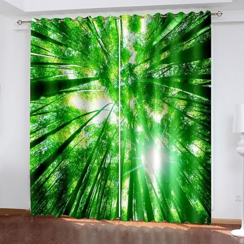 Dsnyu Polyester Curtains, Küchenvorhang Fenster Grün Bäume und Sonnenschein Landschaft Gardine 2er Set B 102 x H 229 cm von Dsnyu