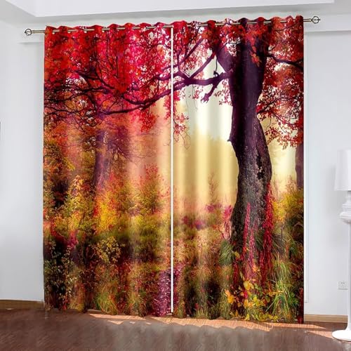 Dsnyu Polyester Vorhang Outdoor, Gardine Verdunkelung Fuchsia Grün Bäume Landschaft Vorhänge 2er Set B 234 x H 244 cm von Dsnyu