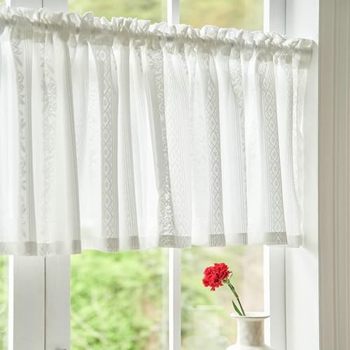 Dsnyu Scheibengardine Schlafzimmer, Kurzer Vorhang Weiß Polyester Baumwolle Bistrogardine Gestrickt mit Geometrischem Muster 1 Stück B 300 x H 100cm von Dsnyu