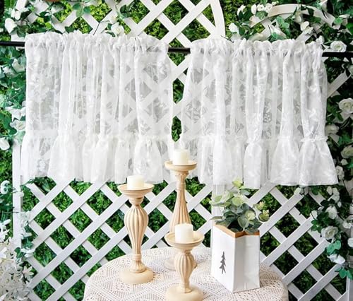 Dsnyu Scheibengardinen Landhausstil Spitze, Gardinen Kurz Weiß Blätter Vorhang Küchenfenster Bistrogardine 2er Set Polyester Halbtransparent für Schlafzimmer Wohnzimmer 2 Stück HxB 60x150cm von Dsnyu