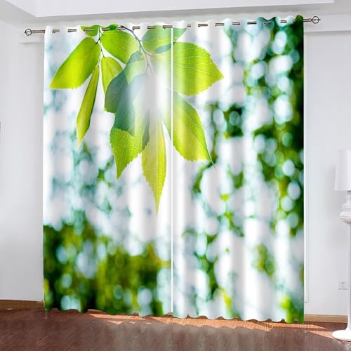 Dsnyu Scheibengardinen Verdunklung, Gardinenstoff Vintage Grün Polyester Blatt und Sonnenscheinmuster Dekoration 2er Set B 137 x H 274 cm von Dsnyu