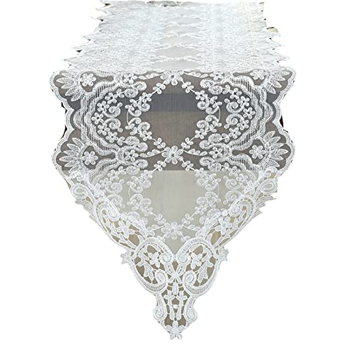 Dsnyu Tischläufer Polyester 30x150 cm Weiß Tischläufer Spitzenstickerei Blumen Tischläufer Blumen für Picknick Party Küche Hochzeit von Dsnyu