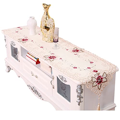 Dsnyu Tischläufer Polyester 40x230 cm Beige Rosa Tischläufer mit Quaste Hohle Blumen Bestickt Tischläufer Blumen für Picknick Party Küche Hochzeit von Dsnyu
