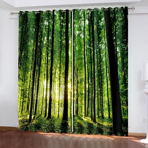 Dsnyu Verdunkelungsvorhang Fenster, Gardine Fenster Grün Polyester Bäume und Sonnenschein Landschaft Dekoration 2er Set B 244 x H 214 cm von Dsnyu