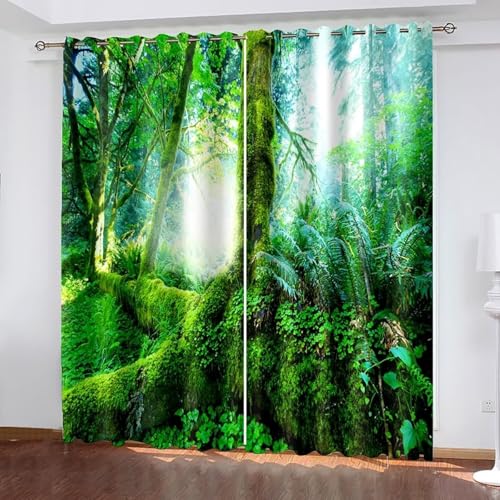 Dsnyu Verdunkelungsvorhang Grün, Gardinen Küche Modern Polyester Bäume und Sonnenschein Landschaft Dekoration 2er Set B 107 x H 244 cm von Dsnyu
