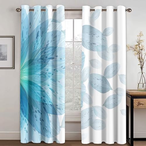 Dsnyu Verdunkelungsvorhang Hellblau, Gardinen Küche Vintage Polyester Blattmuster Dekoration 2er Set B 234 x H 274 cm von Dsnyu
