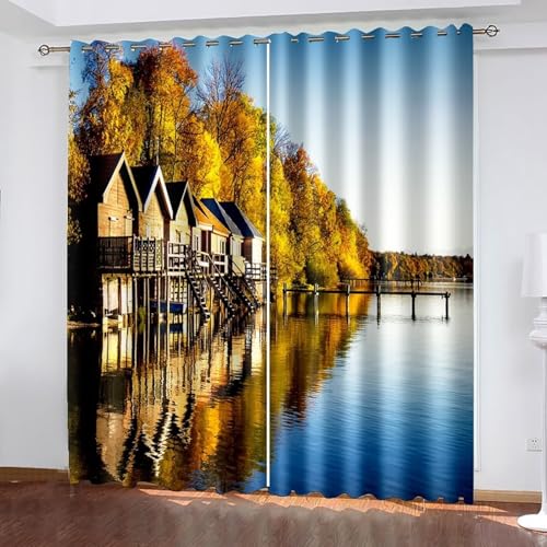 Dsnyu Verdunkelungsvorhang Lang, Curtains for Bedroom Gelb Blau Polyester Seehaus und Bäume Landschaft Gardine 2er Set B 214 x H 274 cm von Dsnyu
