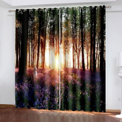Dsnyu Verdunkelungsvorhang Lang, Küchenvorhang Modern Grün Braun Lila Polyester Landschaftsbäume und Blumen Gardine 2er Set B 244 x H 214 cm von Dsnyu