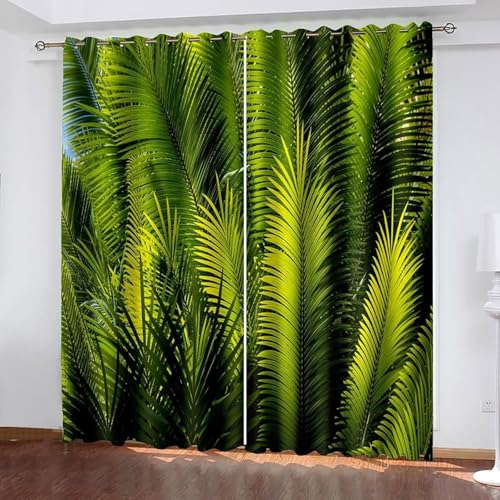Dsnyu Verdunklungsvorhänge Schlafzimmer, Gardinen Küche Retro Grün Polyester Blattmuster Dekoration 2er Set B 86 x H 229 cm von Dsnyu