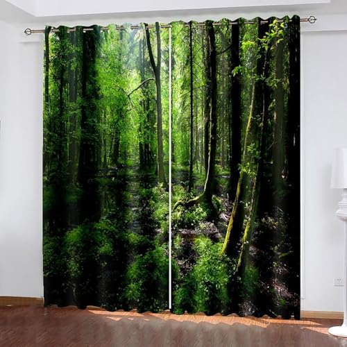 Dsnyu Verdunklungsvorhänge Wohnzimmer, Gardinen Grün Vintage Polyester Bäume Landschaft Vorhänge 2er Set B 102 x H 244 cm von Dsnyu