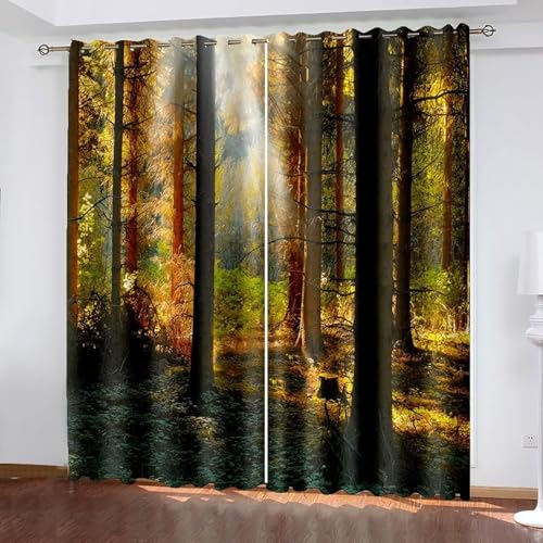 Dsnyu Vorhänge 2er Set, Gardinen Fenster Schwarz Braun Polyester Bäume und Sonnenschein Landschaft Dekoration 2 Stück B 152 x H 274 cm von Dsnyu
