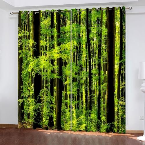 Dsnyu Vorhänge Fenster, Küchenvorhang Modern Grün Polyester Bäume Landschaft Gardine 2er Set B 137 x H 274 cm von Dsnyu