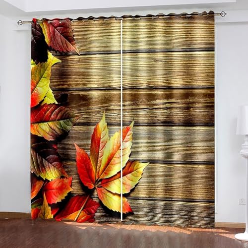 Dsnyu Vorhänge Polyester, Gardine Wohnzimmer Fenster Braun Rot Orange Holzbrett und Blattmuster Dekoration 2er Set B 234 x H 244 cm von Dsnyu
