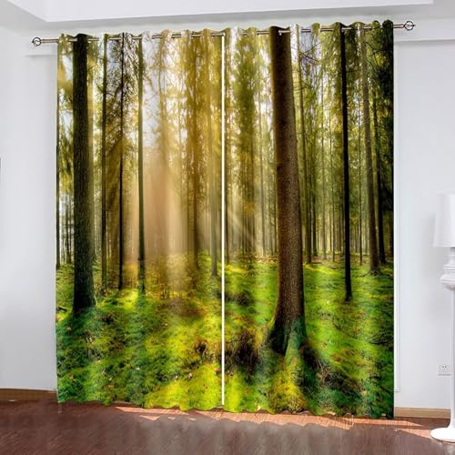 Dsnyu Vorhänge Polyester, Küchenvorhang Lang Grün Braun Bäume und Sonnenschein Landschaft Vorhänge 2er Set B 102 x H 229 cm von Dsnyu