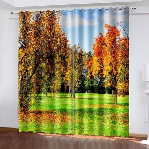 Dsnyu Vorhänge Wohnzimmer Vintage, Gardinen Schlafzimmer Orange Grün Polyester Bäume und Rasenflächen Dekoration 2er Set B 107 x H 183 cm von Dsnyu