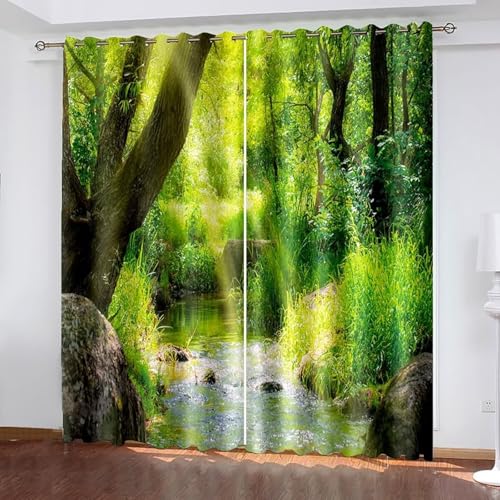 Dsnyu Vorhang Fenster, Vorhänge Grün Polyester Wald und Bachlandschaft Vorhänge 2er Set B 107 x H 183 cm von Dsnyu