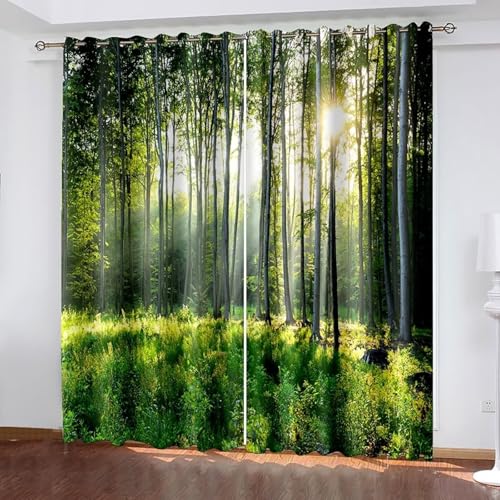 Dsnyu Vorhang Grün Lang, Vorhänge Fenster Polyester Bäume und Sonnenschein Landschaft Gardinen 2er Set B 132 x H 229 cm von Dsnyu