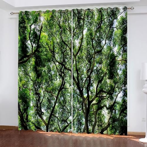 Dsnyu Vorhang Grün Verdunkelung, Vorhang Deko Polyester Bäume Landschaft Gardine 2er Set B 244 x H 274 cm von Dsnyu