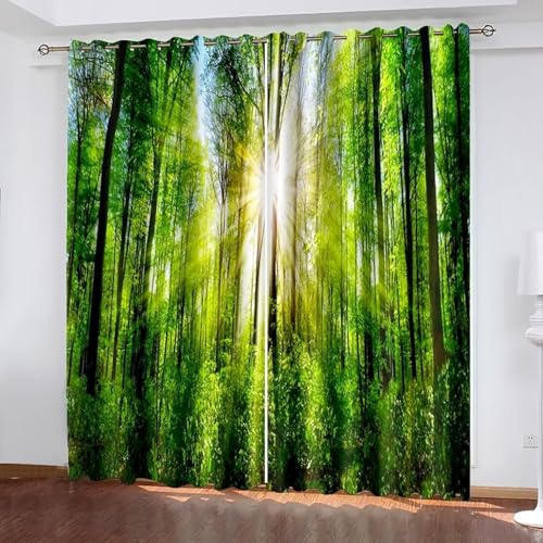 Dsnyu Vorhang Grün Vintage, Gardinen Wohnzimmer Fenster Polyester Bäume und Sonnenschein Landschaft Vorhänge 2er Set B 107 x H 160 cm von Dsnyu