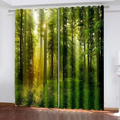 Dsnyu Vorhang Küche, Gardinenstoff Fenster Grün Polyester Bäume und Sonnenschein Landschaft Dekoration 2er Set B 214 x H 183 cm von Dsnyu