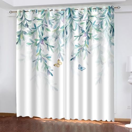 Dsnyu Vorhang Schlafzimmer, Verdunklungsvorhänge Wohnzimmer Hellgrün Polyester Zweige, Blätter und Schmetterlingsmuster Gardine 2er Set B 152 x H 214 cm von Dsnyu