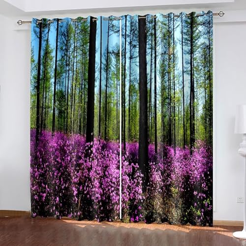 Dsnyu Vorhang Verdunkelung, Gardine Wohnzimer Grüne Fuchsie Polyester Landschaftsbäume und Blumen Dekoration 2er Set B 132 x H 214 cm von Dsnyu