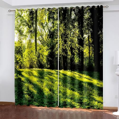 Dsnyu Vorhang Verdunkelung, Vorhänge Vintage Grün Polyester Baum und Rasenlandschaft Vorhänge 2er Set B 244 x H 214 cm von Dsnyu