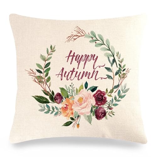 Kissenbezüge Modern, Kissenbezüge 50X50 Weich Fröhliches Herbstblumen-Blätter-Muster Leinen Kissenhülle Beige Lila Grün 1 Stück für Sofa Wohnzimmer von Dsnyu