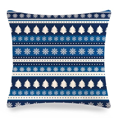 Kissenbezug 50X50 Weihnachten, Throw Pillow Weihnachtsbäume Schneeflocken Leinen Blau 1 Stück für Sofa Bett Wohnzimmer von Dsnyu