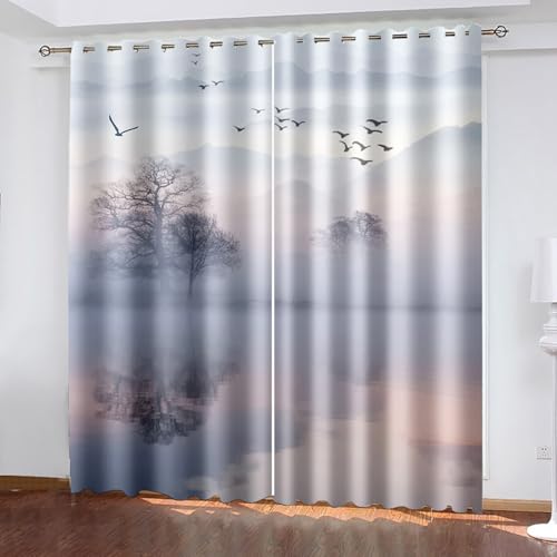 Vorhang Deko, Gardinen Küche Modern Hellgraublau Polyester See Bäume und Vögel Landschaft Dekoration 2er Set B 137 x H 229 cm von Dsnyu