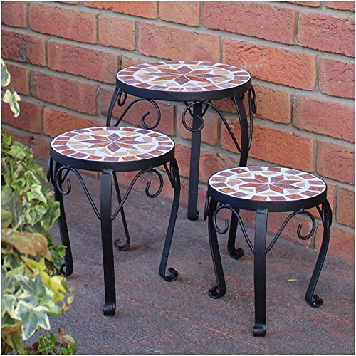 Dszapaci Blumenhocker 3er Set Mosaik rund Garten Blumenständer Metall Terrasse Pflanzenständer Keramik Pflanzenhocker (3er Set) von dszapaci