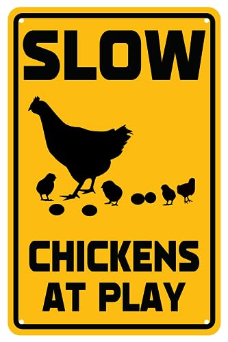 Slow Sign Chickens At Play Chicken- Crossing Schild Warnschild Reflektierendes Metallschild Lustiges Schild Hühner Bauernhof Hof Street House Decor Orange 40,6 x 30,5 cm von Dtsnjsdwk