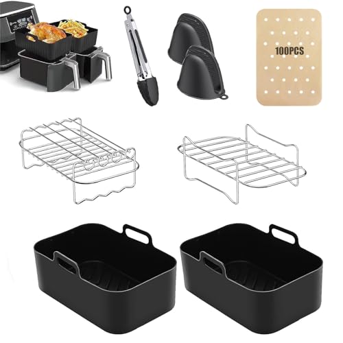 DuDuZui Heißluftfritteuse Zubehör, Set mit 8 Stück für Ninja Dual AF300EU 400EU inkl 2 Dual Air Fryer Racks & 2 Silikon Air Fryer Liner & 100PCS Papierfutter & 2 Silikonhandschuhe & 1 Lebensmittelclip von DuDuZui