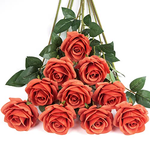 DuHouse 10 Stück künstliche Rosen Seidenblumen Fake Rose 54cm einzelnen Langen Stiel künstlich Blumen Bouquet für Brautstrauß Arrangement Hochzeit Tafelaufsatz Party Haus Küche Dekor(Korallenorange) von DuHouse