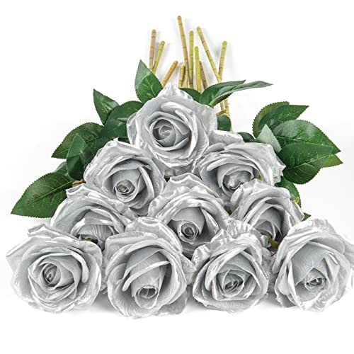 DuHouse 10 Stück künstliche Rosen Seidenblumen Fake Rose 54cm einzelnen Langen Stiel künstlich Blumen Bouquet für Brautstrauß Arrangement Hochzeit Tafelaufsatz Party Haus Küche Dekor(Silber) von DuHouse