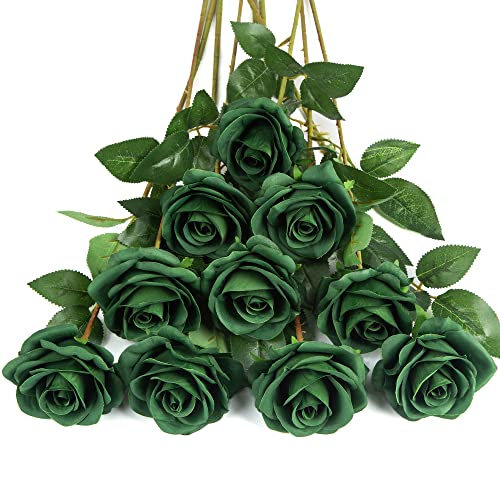 DuHouse 10 Stück künstliche Rosen Seidenblumen Fake Rose 54cm einzelnen Langen Stiel künstlich Blumen Bouquet für Brautstrauß Arrangement Hochzeit Tafelaufsatz Party Haus Küche Dekor(dunkelgrün) von DuHouse